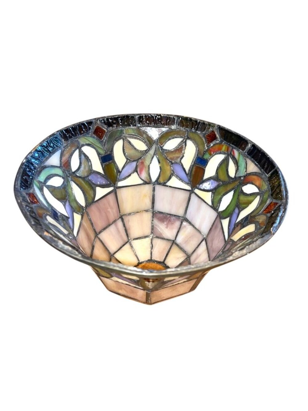 Vtg Tiffany Style Stained Glass Bell Lamp Shade 9"x6" Geometric & Floral Motifs - Picture 3 of 5